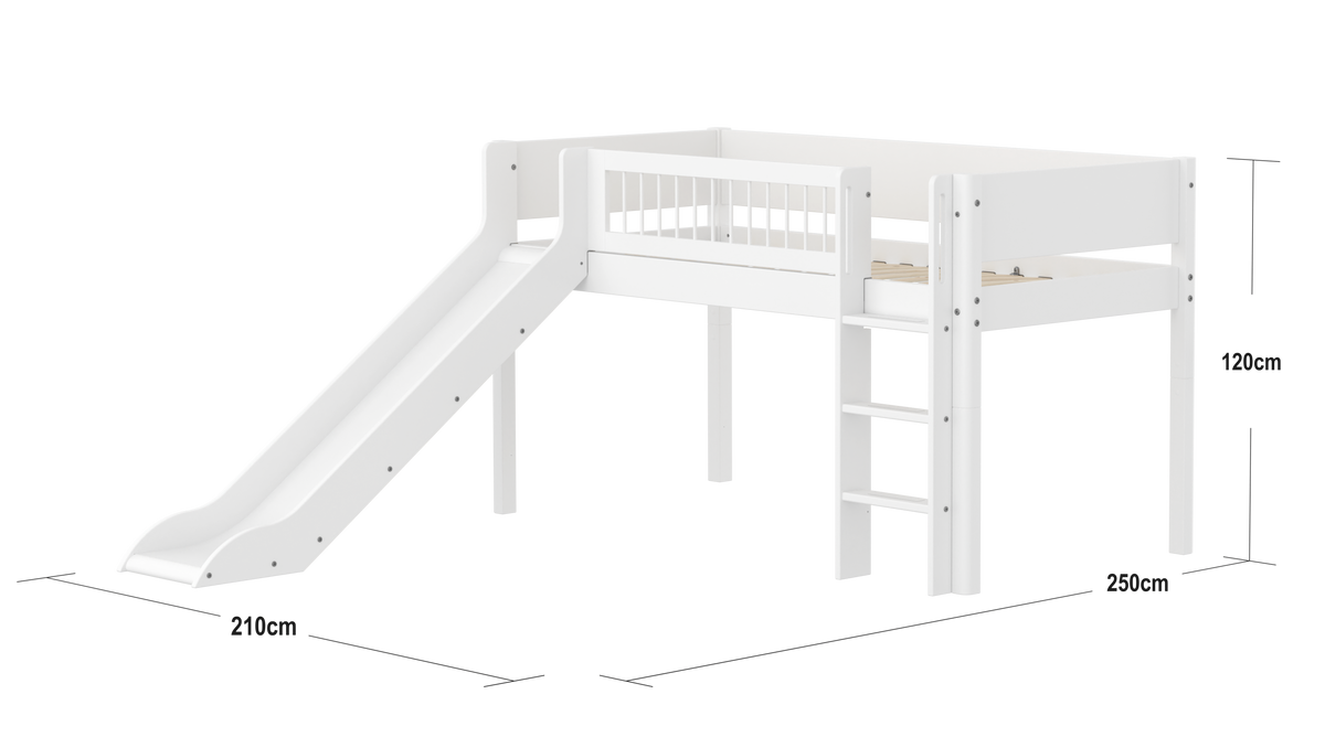 FLEXA WHITE Halvhøj seng 120 cm med rutchebane, stige og crossbar sengehest 90x200 cm - Hvid
