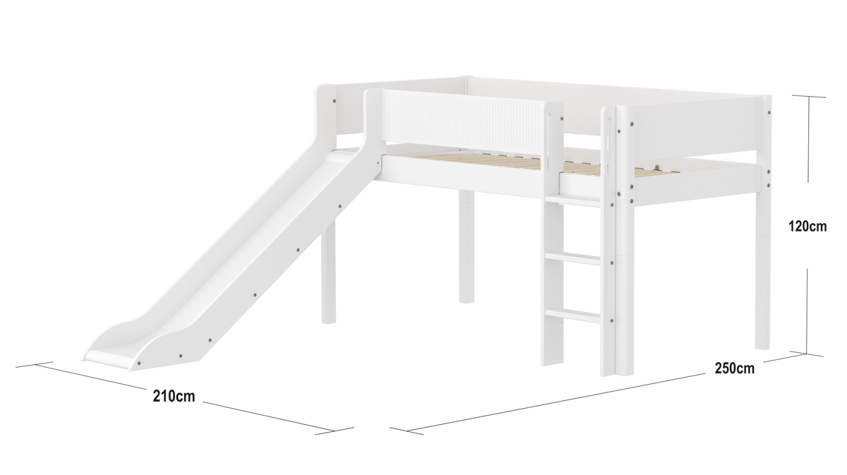 FLEXA WHITE Halvhøj seng 120 cm med rutchebane, stige og grooves sengehest 90x200 cm - Hvid