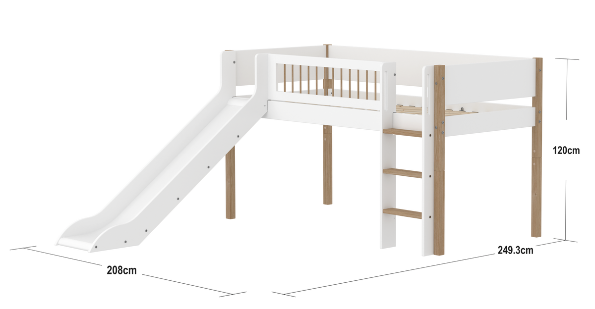 FLEXA NOR Halvhøj seng 120 cm med rutchebane, stige og crossbar sengehest  90x200 cm - Hvid/eg