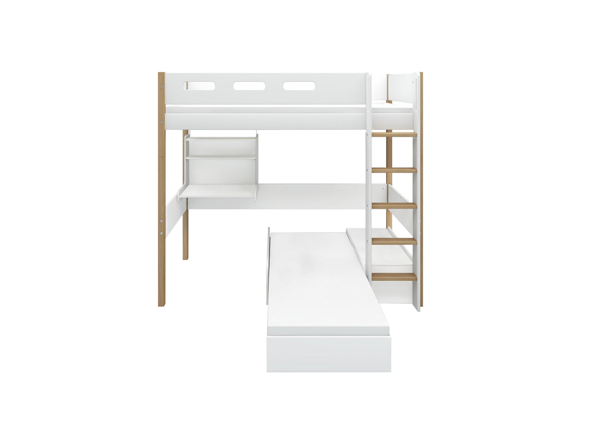 FLEXA NOR Casa Højseng med cut out sengehest, stige, skriveborg og gæsteseng 90x200 cm - Hvid/eg