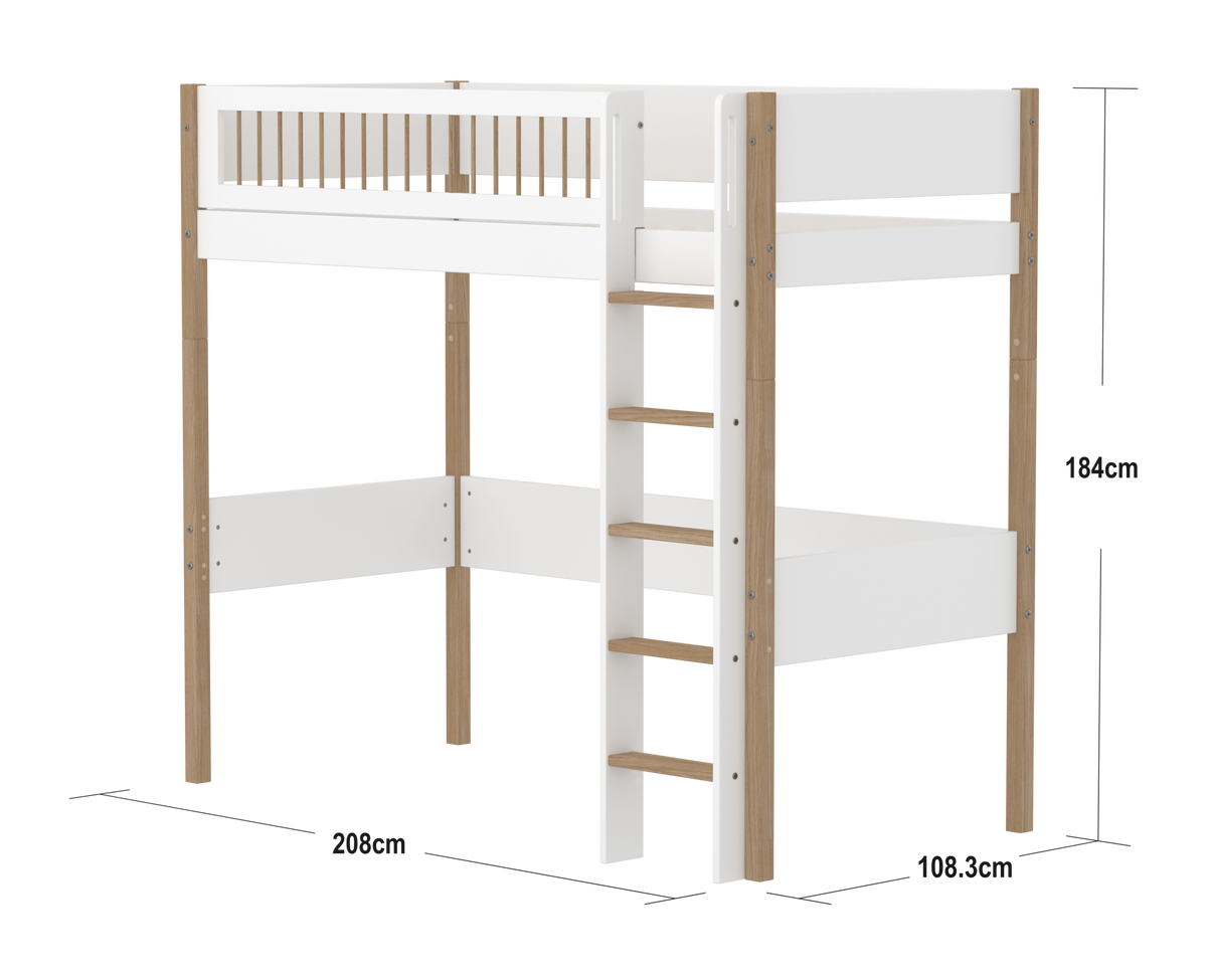 FLEXA NOR Højseng 184 cm med stige og crossbar sengehest  90x200 cm - Hvid/eg