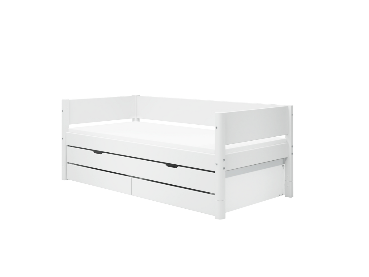 FLEXA WHITE Enkeltseng 90x200 cm m. baggavl incl. 2 skuffer og udtræksseng - Hvid