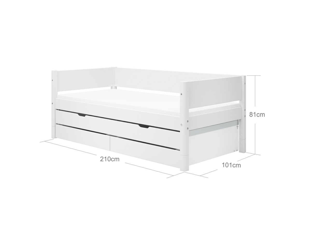 FLEXA WHITE Enkeltseng 90x200 cm m. baggavl incl. 2 skuffer og udtræksseng - Hvid