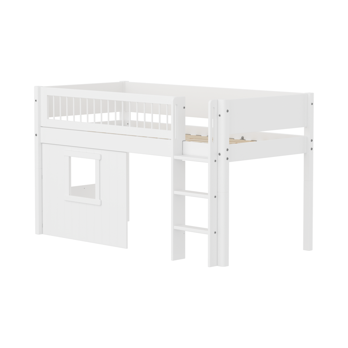 FLEXA WHITE Halvhøj seng 120 cm med stige, crossbar sengehest og træhytte-sengefronter 90x200 cm - Hvid