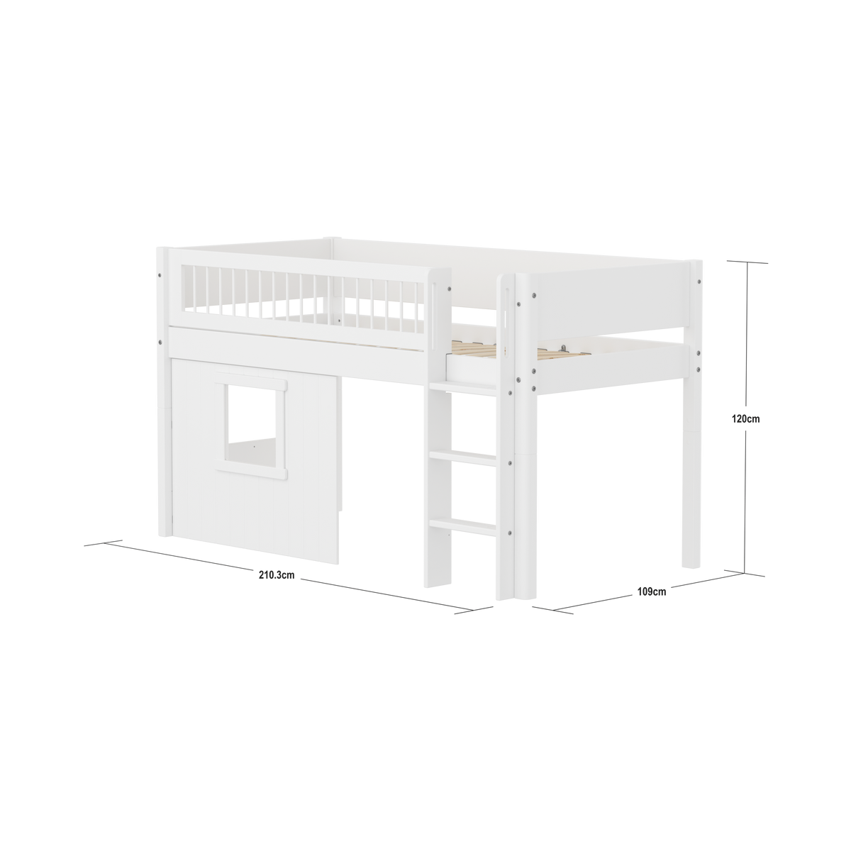 FLEXA WHITE Halvhøj seng 120 cm med stige, crossbar sengehest og træhytte-sengefronter 90x200 cm - Hvid