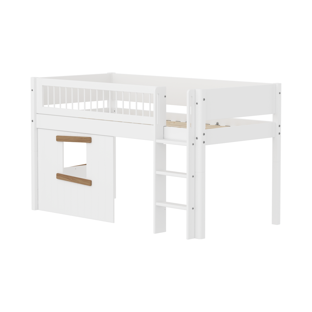 FLEXA WHITE Halvhøj seng 120 cm med stige, crossbar sengehest og træhytte-sengefronter 90x200 cm - Hvid/eg