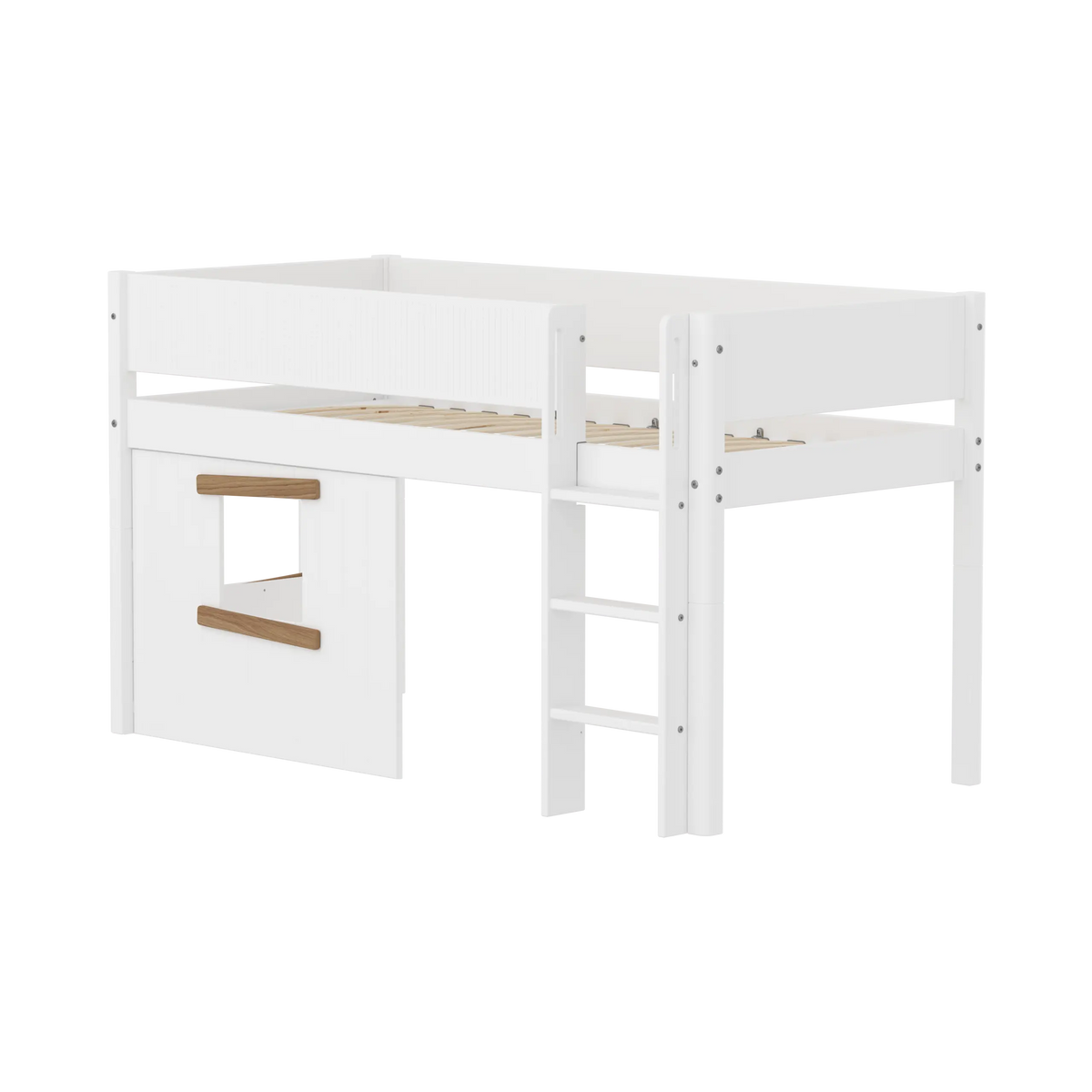 FLEXA WHITE Halvhøj seng 120 cm med stige, sengehest og træhytte 90x200 cm - Hvid/eg