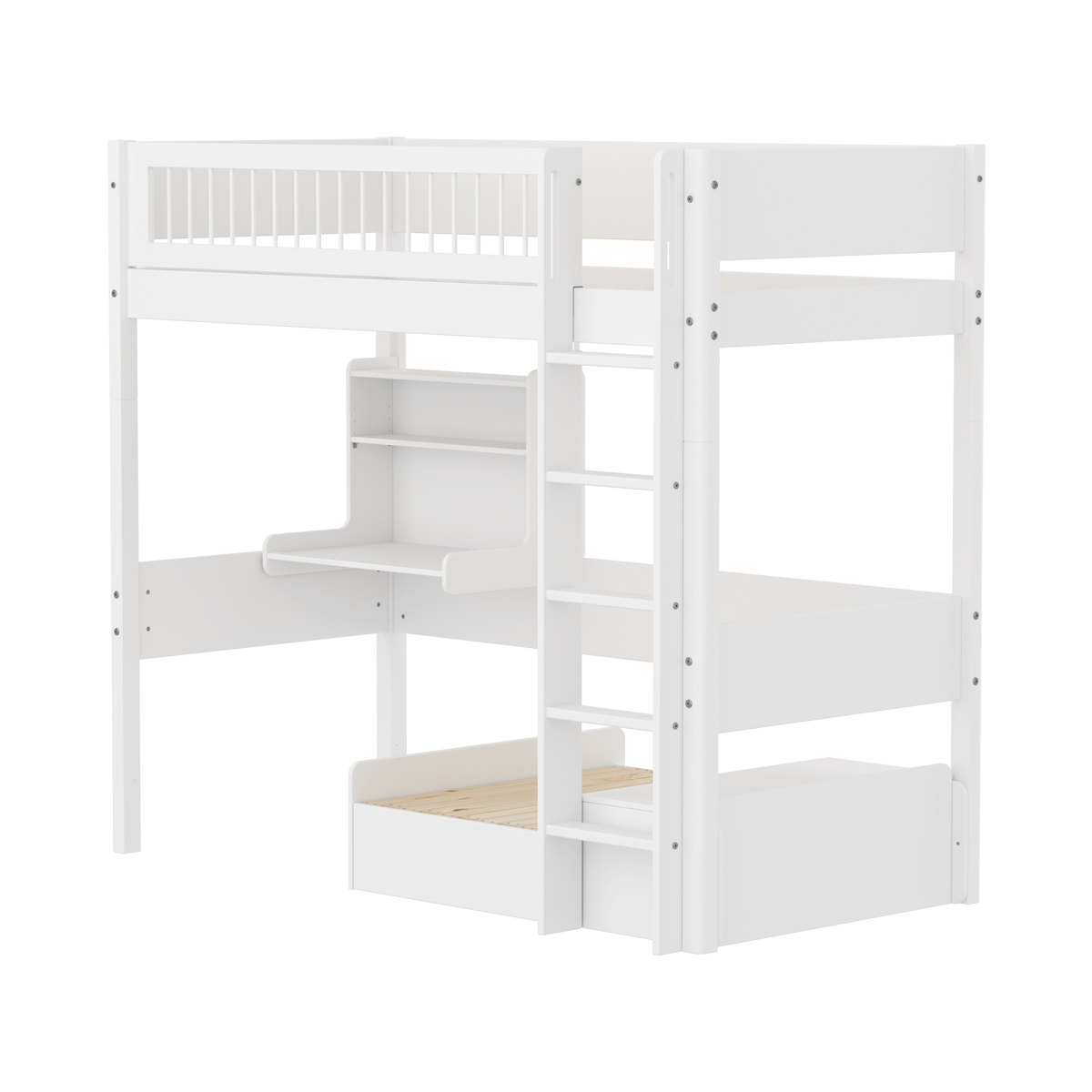 FLEXA WHITE Casa Højseng med crossbar sengehest, stige, click on skrivebord og gæsteseng 90x200 cm - Hvid/eg