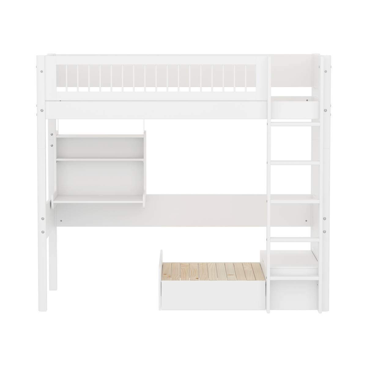 FLEXA WHITE Casa Højseng med crossbar sengehest, stige, click on skrivebord og gæsteseng 90x200 cm - Hvid/eg