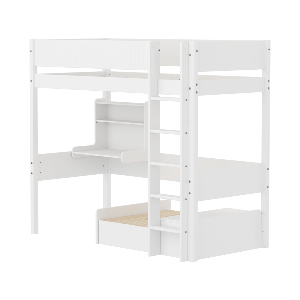 FLEXA WHITE Casa Højseng med grooves sengehest, stige, click on skrivebord og gæsteseng 90x200 cm - Hvid/eg
