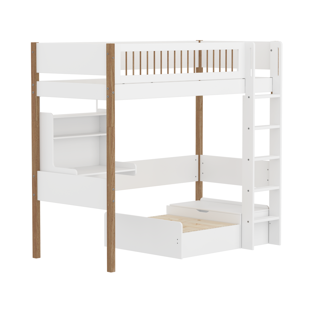 FLEXA NOR Casa Højseng med crossbar sengehest, stige, skriveborg og gæsteseng  90x200 cm- Hvid/eg