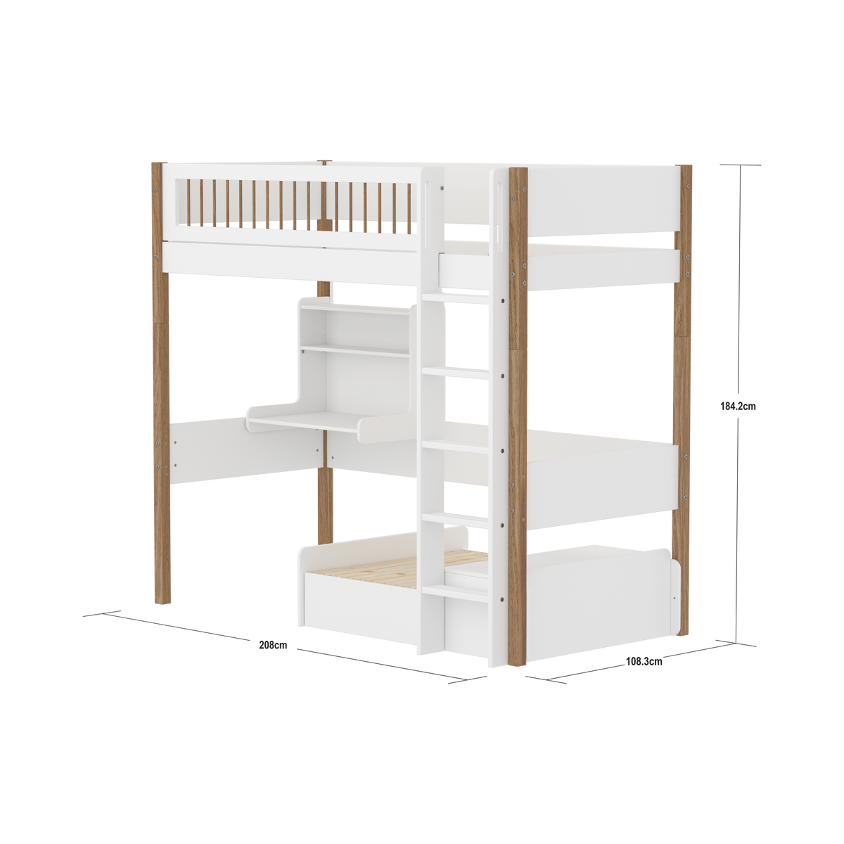 FLEXA NOR Casa Højseng med crossbar sengehest, stige, skriveborg og gæsteseng  90x200 cm- Hvid/eg