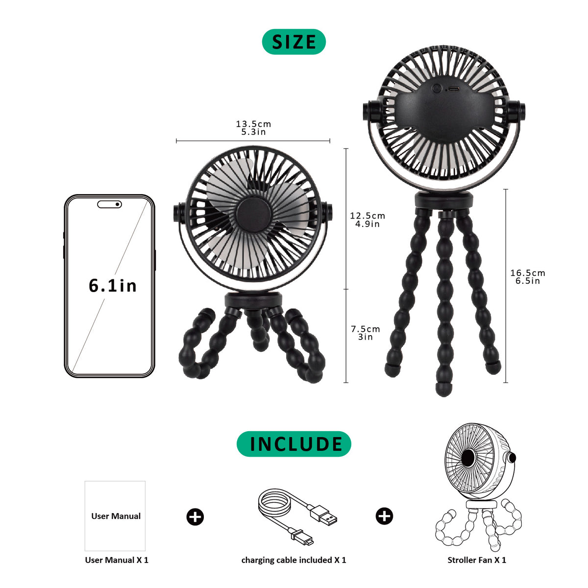 Titaniumbaby Ventilator t/klap- & barnevogn genopladelig - sort